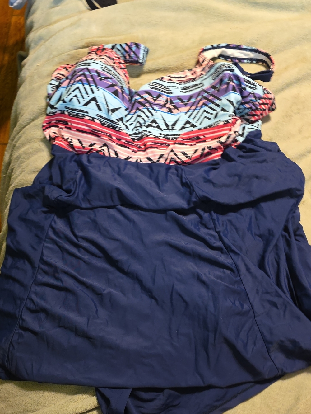 Women's Navy Blue One Piece with Multicolor Aztec Print Top
